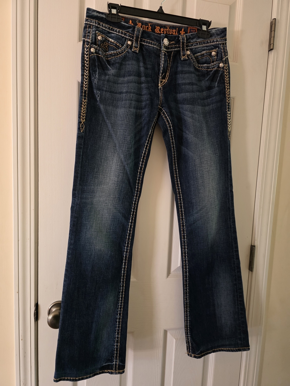 Rock Revival Dark Blue Flared Jeans with Contrast Stitching